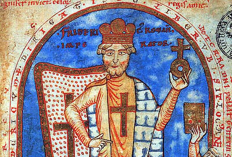 Cesarz Fryderyk Barbarossa jako krzyżowiec (rycina z XII wieku w zasobach Biblioteki Watykańskiej).