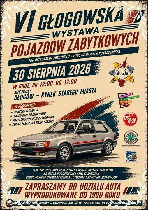 plakat VI głogowska wystawa pojazdów zabytkowych 30 sierpnia 2026